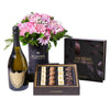 Complete Graduate Celebration Gift Set, daisies, roses, carnations, and greens arranged into a tall black hat box, Bottle of Sparkling Wine, Laitière Champagne Truffle Assortment, Mixed Floral Gifts from Blooms New Jersey - Same Day New Jersey Delivery.