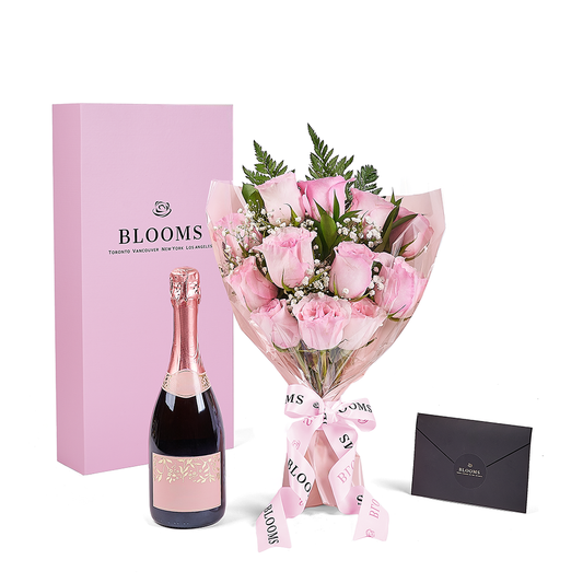Mother’s Day 12 Stem Pink Rose Bouquet with Box & Champagne, champagne gift, champagne, sparkling wine gift, sparkling wine, mothers day gift, mothers day, New Jersey delivery