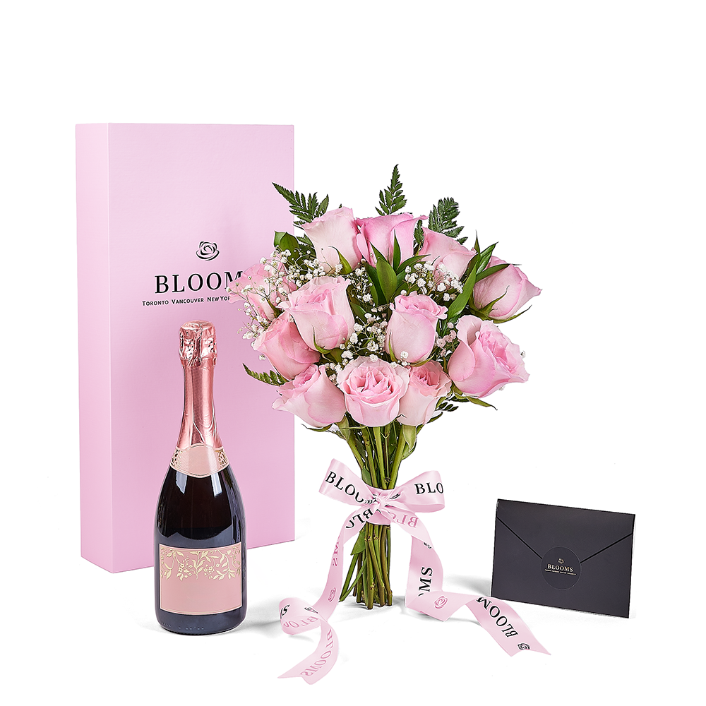 Mother’s Day 12 Stem Pink Rose Bouquet with Box & Champagne, champagne gift, champagne, sparkling wine gift, sparkling wine, mothers day gift, mothers day, New Jersey delivery