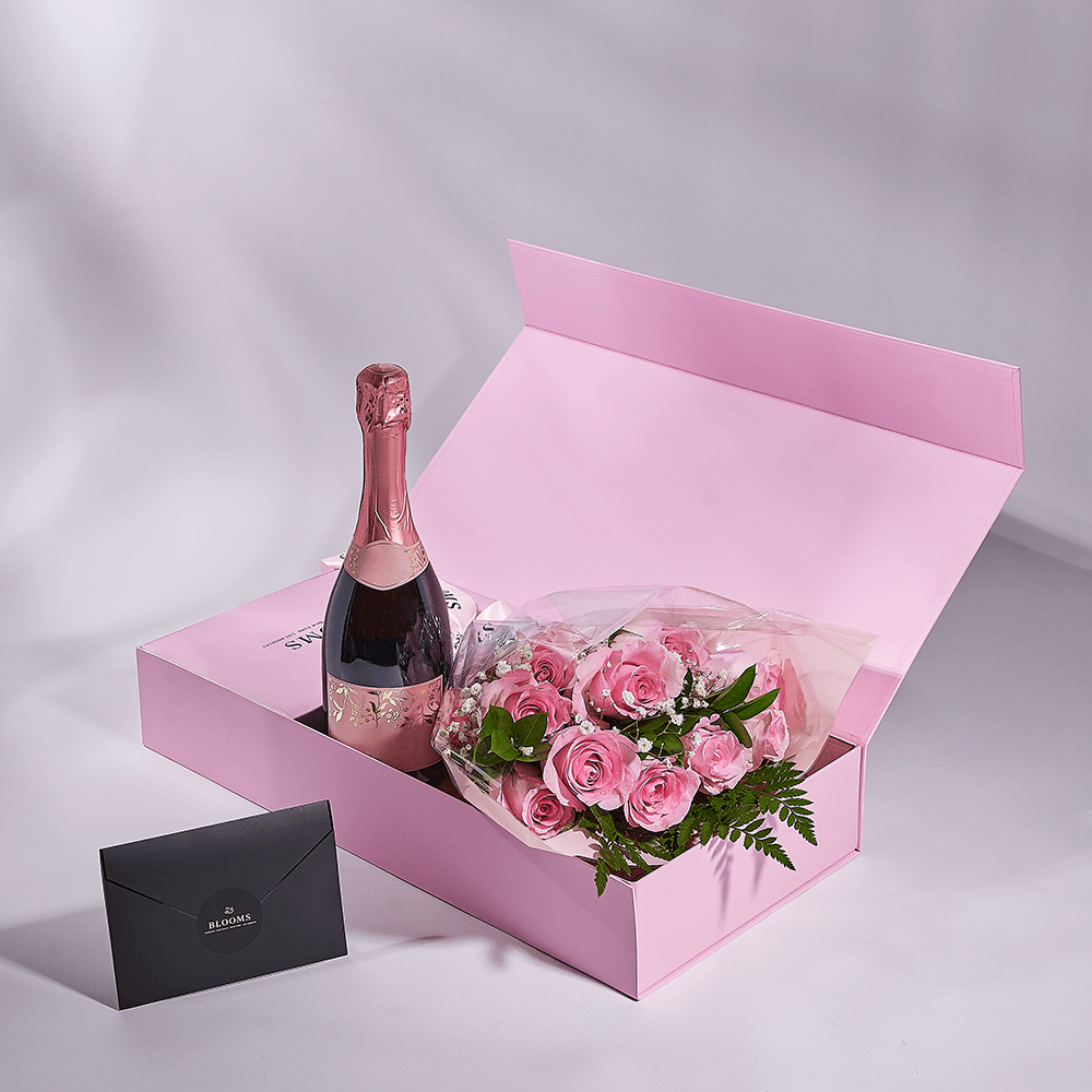 Mother’s Day 12 Stem Pink Rose Bouquet with Box & Champagne, champagne gift, champagne, sparkling wine gift, sparkling wine, mothers day gift, mothers day, New Jersey delivery