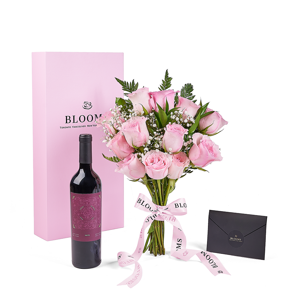 Mother’s Day 12 Stem Pink Rose Bouquet with Box & Wine, rose gift, rose, mothers day gift, mothers day, wine gift, wine, New Jersey delivery
