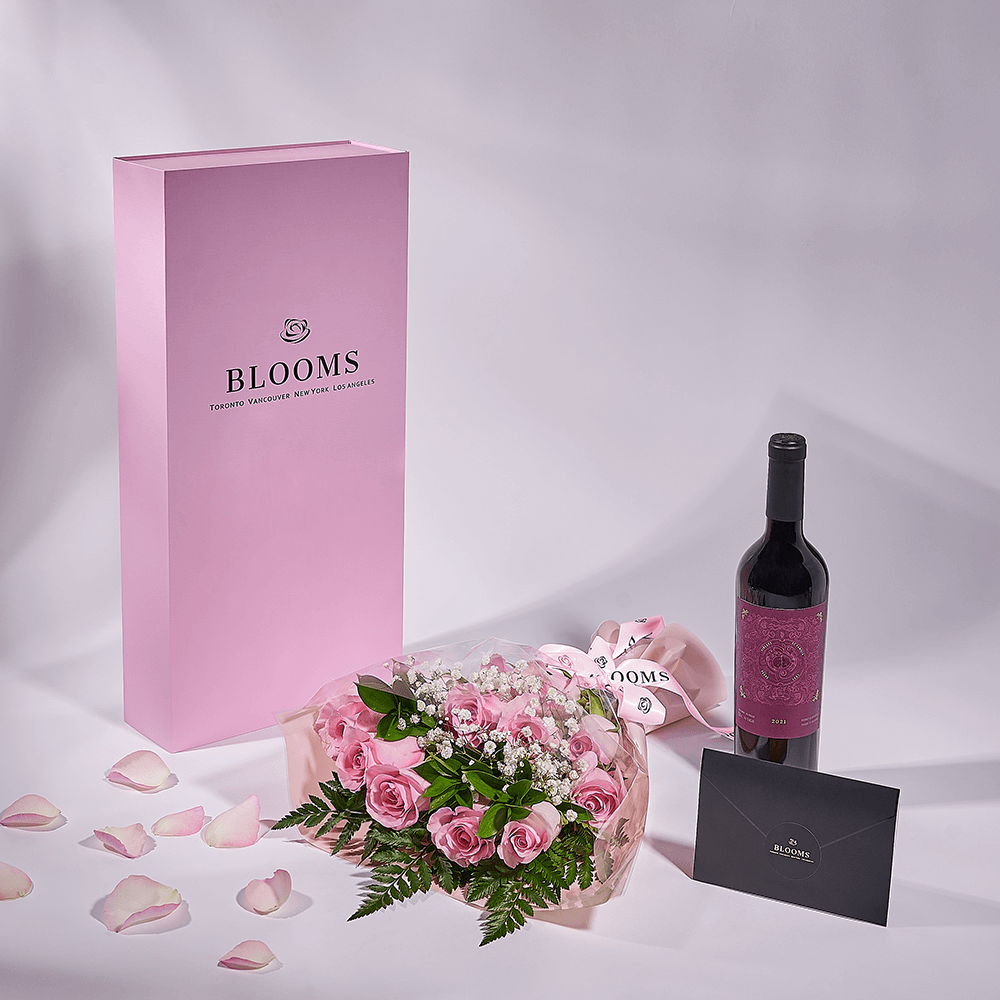 Mother’s Day 12 Stem Pink Rose Bouquet with Box & Wine, rose gift, rose, mothers day gift, mothers day, wine gift, wine, New Jersey delivery