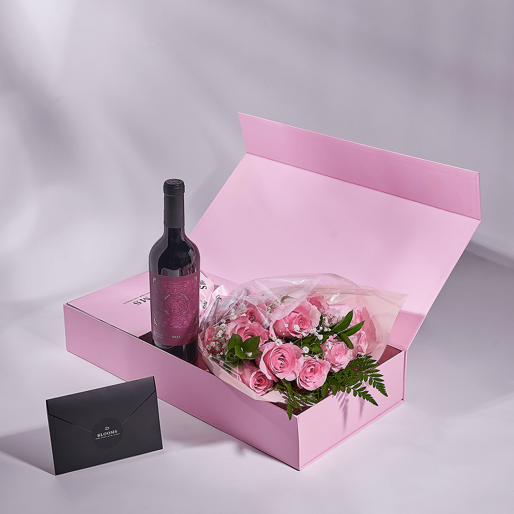 Mother’s Day 12 Stem Pink Rose Bouquet with Box & Wine, rose gift, rose, mothers day gift, mothers day, wine gift, wine, New Jersey delivery