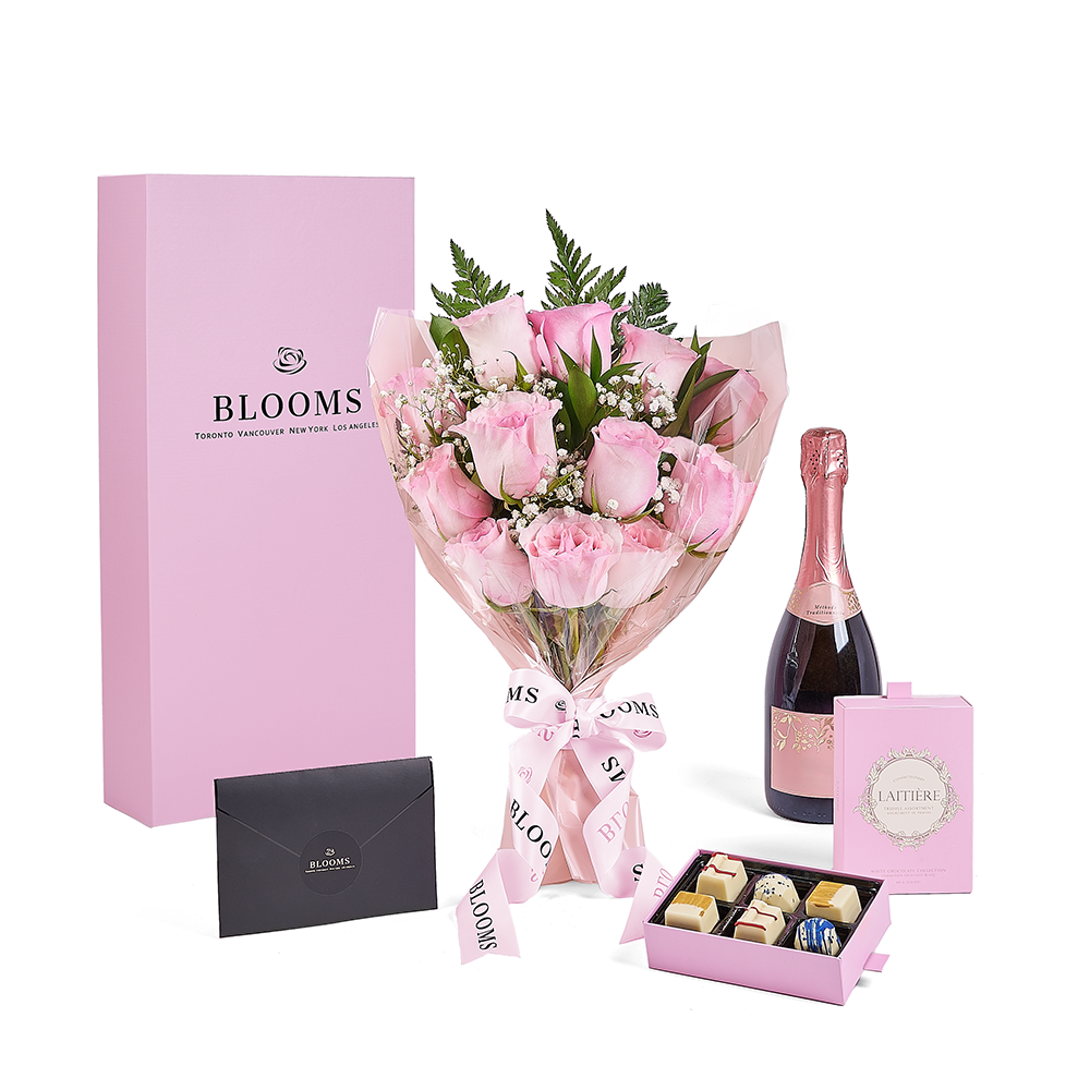 Mother’s Day Dozen Pink Rose Bouquet with Box, Champagne, & Chocolate, champagne gift, champagne, sparkling wine gift, sparkling wine, mothers day gift, mothers day, New Jersey delivery