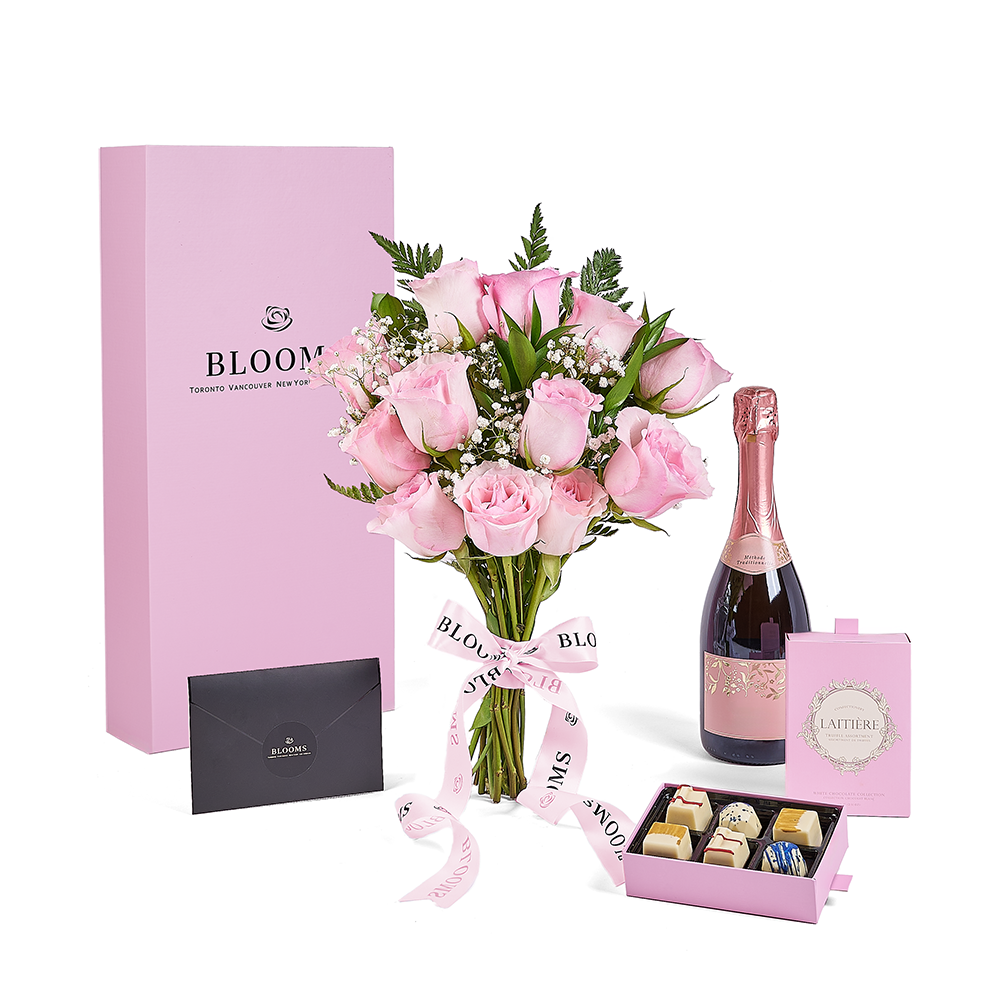 Mother’s Day Dozen Pink Rose Bouquet with Box, Champagne, & Chocolate, champagne gift, champagne, sparkling wine gift, sparkling wine, mothers day gift, mothers day, New Jersey delivery