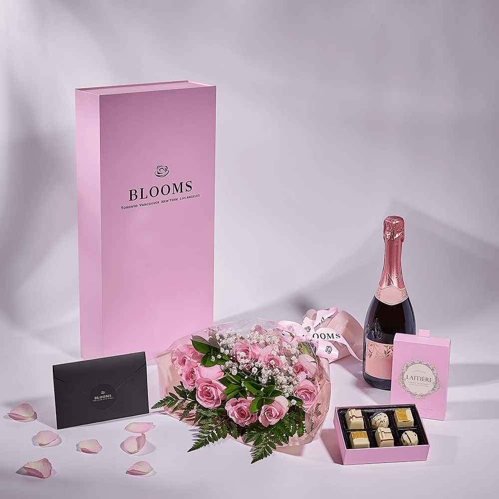 Mother’s Day Dozen Pink Rose Bouquet with Box, Champagne, & Chocolate, champagne gift, champagne, sparkling wine gift, sparkling wine, mothers day gift, mothers day, New Jersey delivery