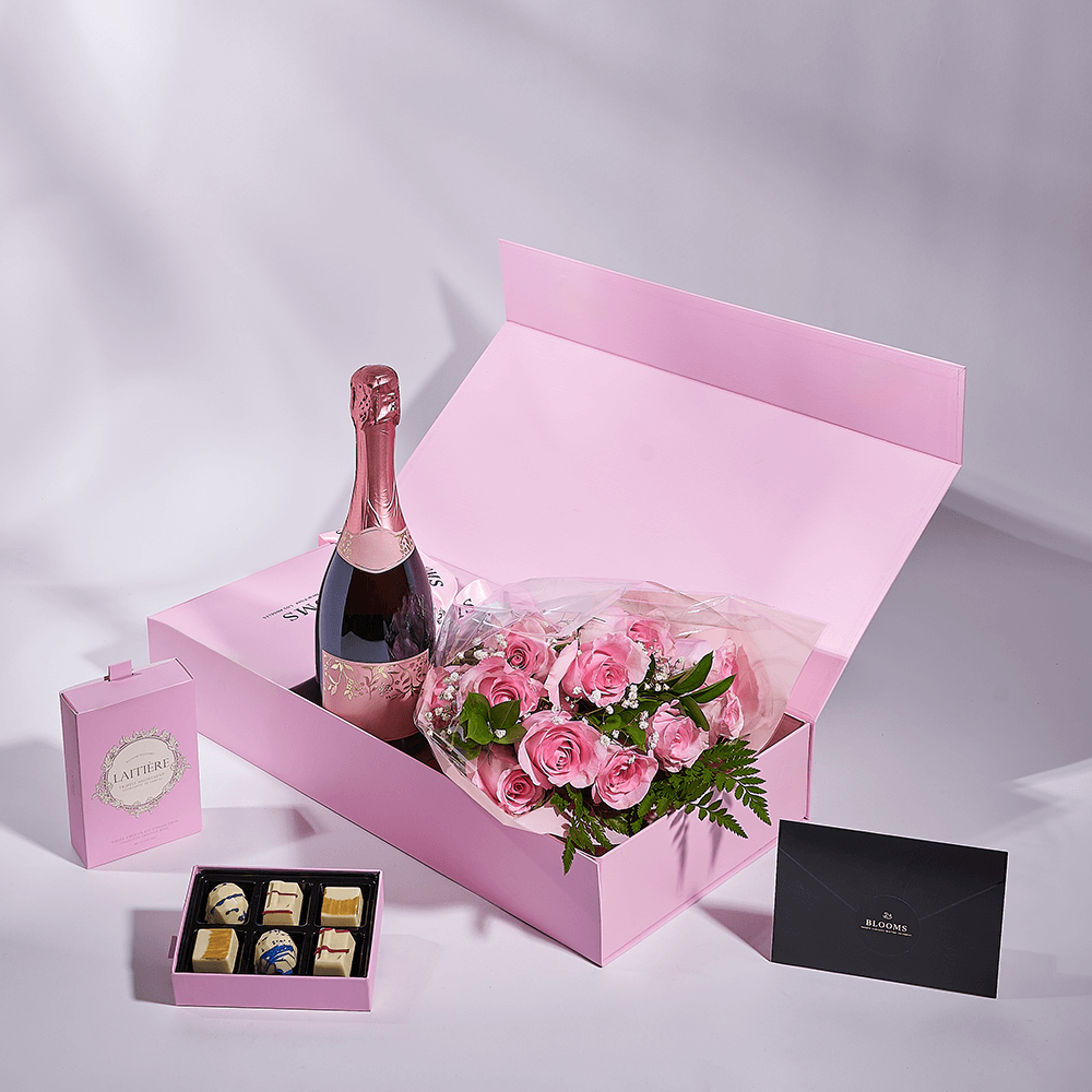 Mother’s Day Dozen Pink Rose Bouquet with Box, Champagne, & Chocolate, champagne gift, champagne, sparkling wine gift, sparkling wine, mothers day gift, mothers day, New Jersey delivery
