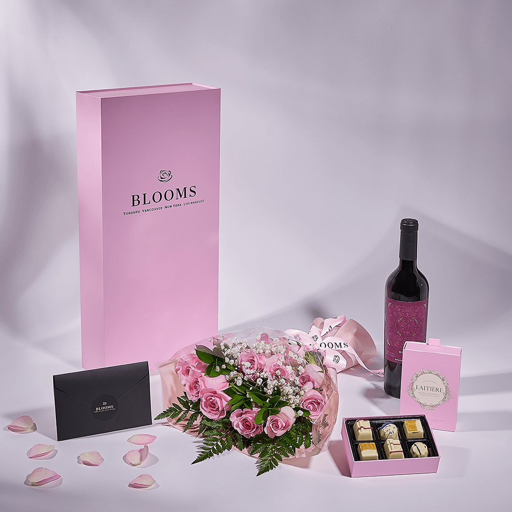 Mother’s Day Dozen Pink Rose Bouquet with Box, Wine, & Chocolate, rose gift, rose, mothers day gift, mothers day, wine gift, wine, New Jersey delivery