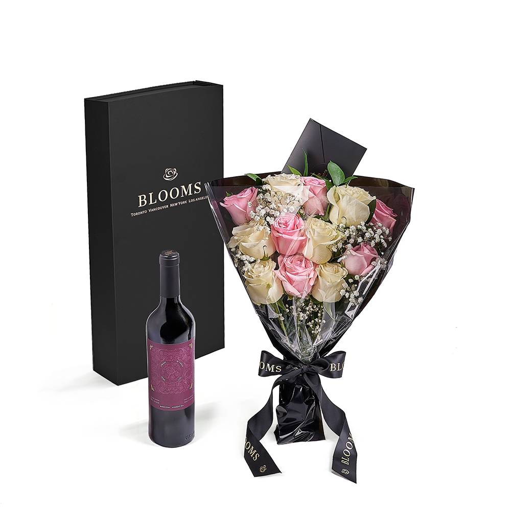 Valentine's Day 12 Stem Pink & White Rose Bouquet with Box & Wine, valentines day gift, valentines day, rose gift, rose, wine gift, wine, New Jersey delivery