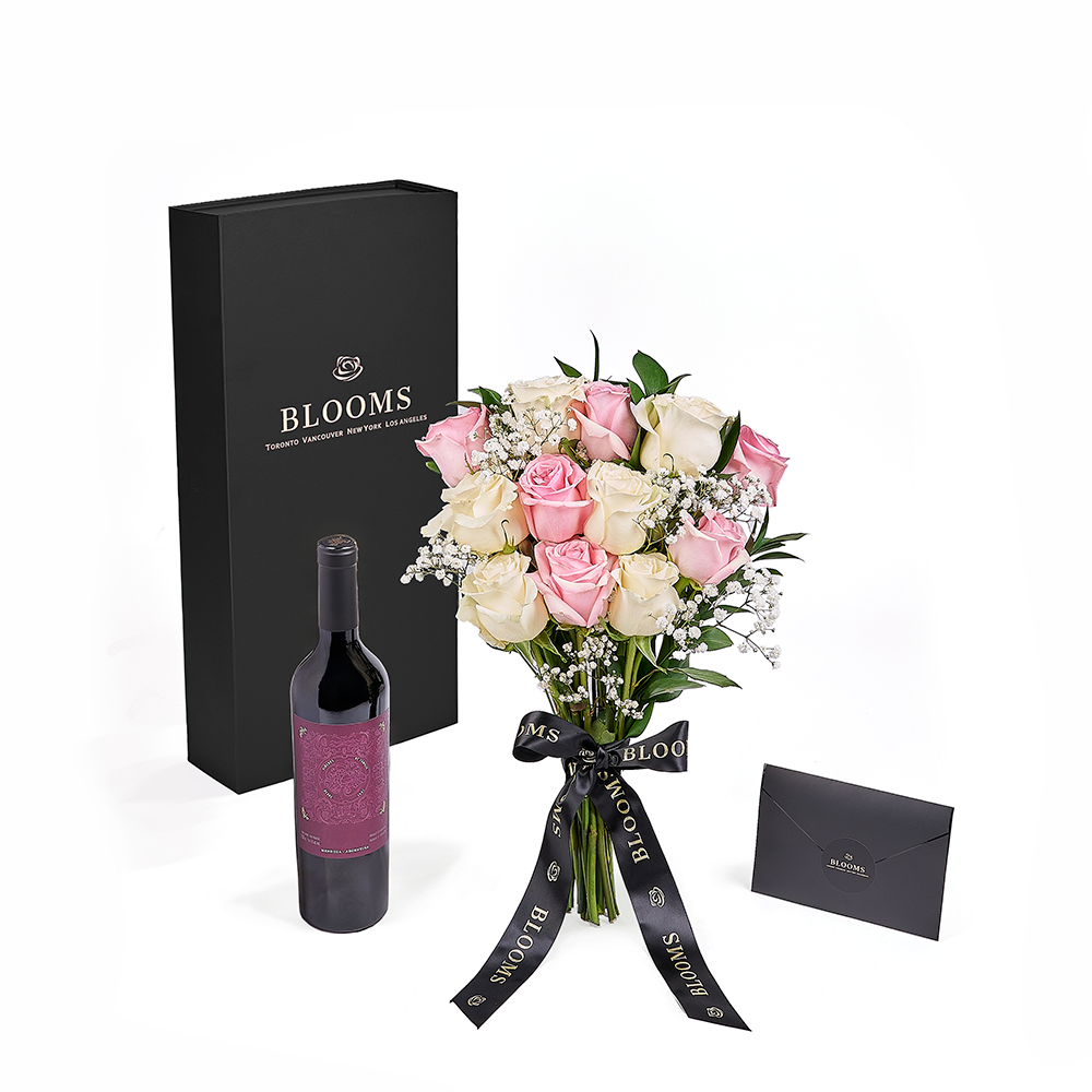 Valentine's Day 12 Stem Pink & White Rose Bouquet with Box & Wine, valentines day gift, valentines day, rose gift, rose, wine gift, wine, New Jersey delivery