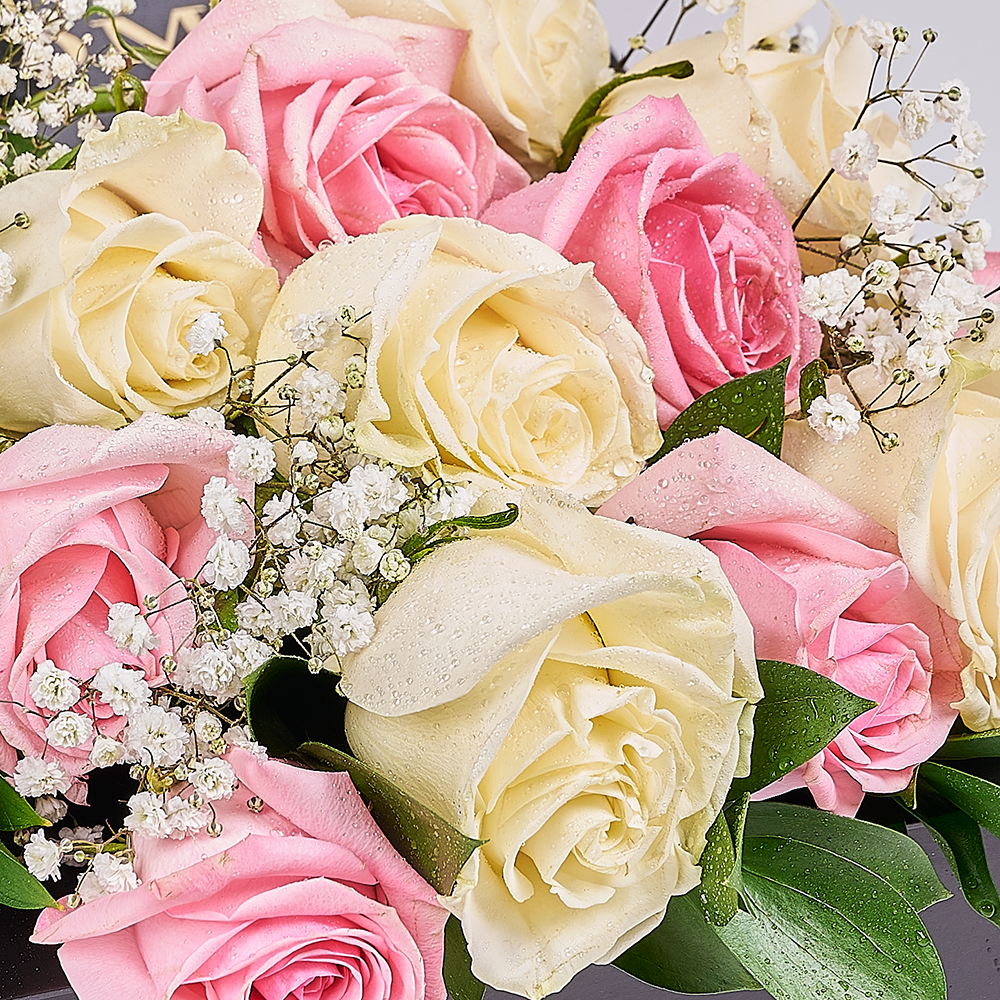 Valentine's Day 12 Stem Pink & White Rose Bouquet with Box & Wine, valentines day gift, valentines day, rose gift, rose, wine gift, wine, New Jersey delivery