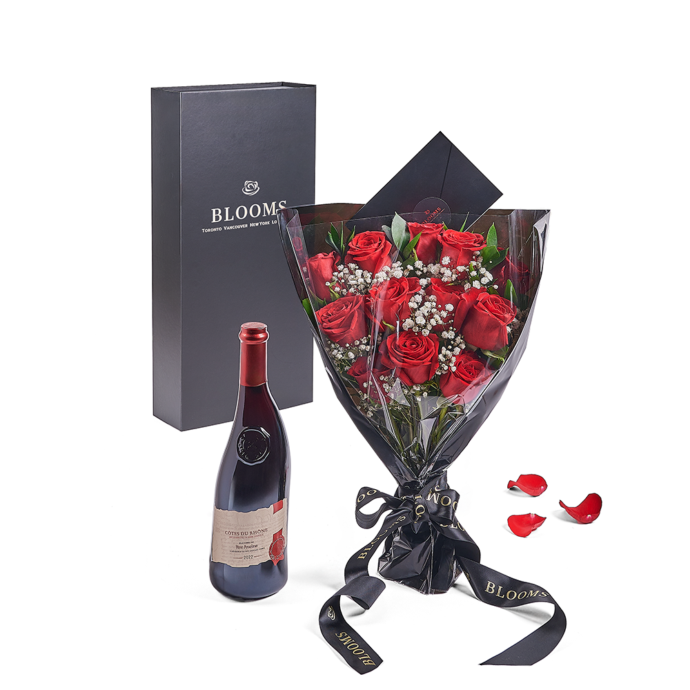 Valentines Day 12 Stem Red Rose Bouquet With Box Wine - Main Image