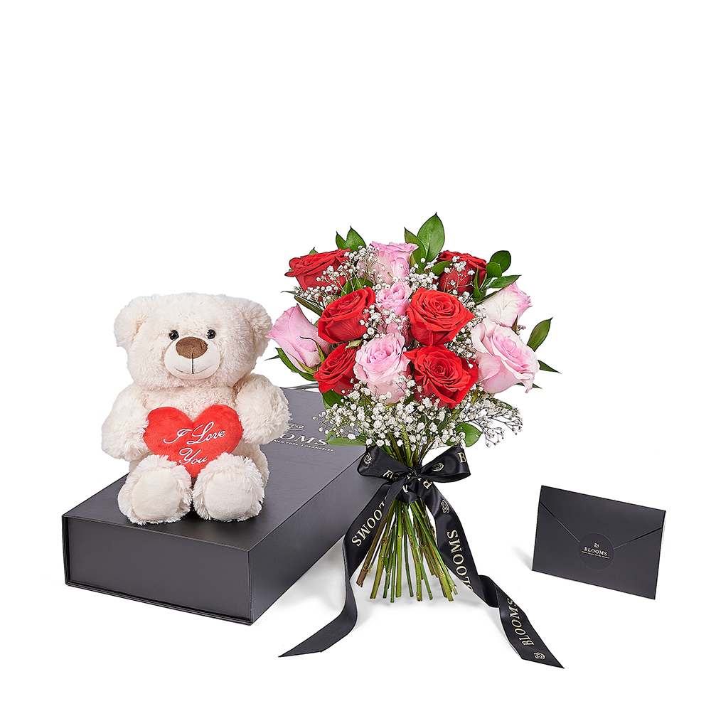 Valentine's Day 12 Stem Red & Pink Rose Bouquet With Box & Bear, New Jersey Same Day Flower Delivery, plush gifts, red and pink rose bouquet