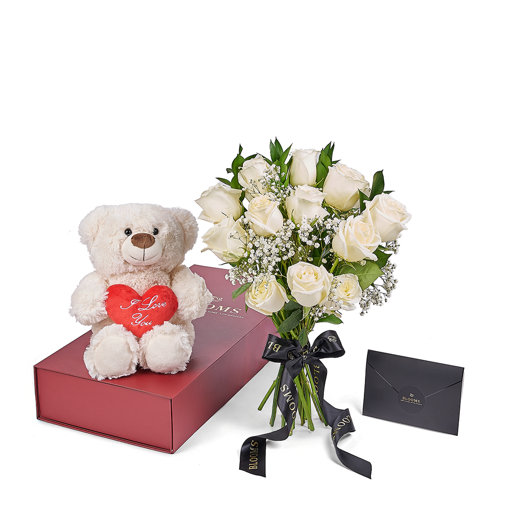 Valentine’s Day 12 Stem White Rose Bouquet With Box & Bear, Valentine's Day gifts, New Jersey Same Day Flower Delivery, plush gifts, white roses