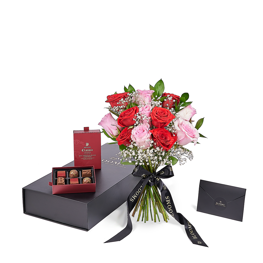 Valentine’s Day Dozen Red & Pink Rose Bouquet With Box & Chocolate, New Jersey Same Day Flower Delivery, red and pink rose bouquet, chocolate gifts