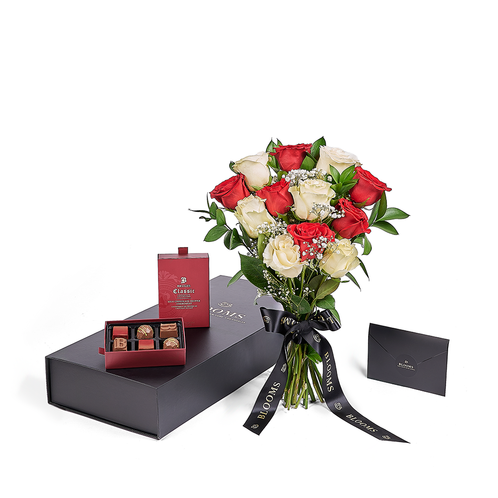 Valentine’s Day Dozen Red & White Rose Bouquet With Box & Chocolate, Valentine's Day gifts, New Jersey Same Day Flower Delivery