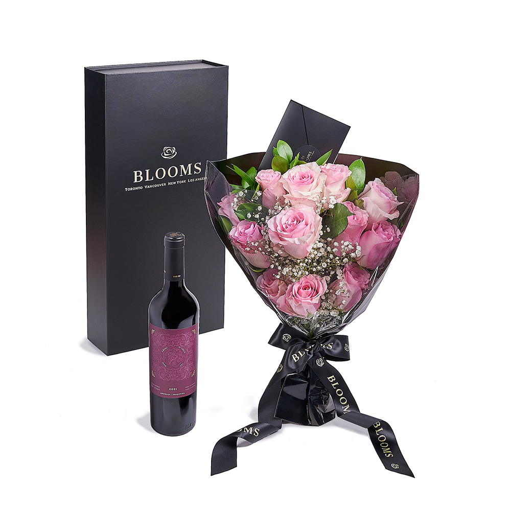 Valentines Day 12 Stem Pink Rose Bouquet With Box Wine