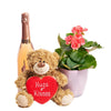 A Special Mother’s Day Gift Basket, bottle of Sparkling Wine, Plush Teddy Bear, potted begonia, sugar cookie and topped with royal icing, Mother's Day Gifts from Blooms New Jersey - Same Day New Jersey Delivery.