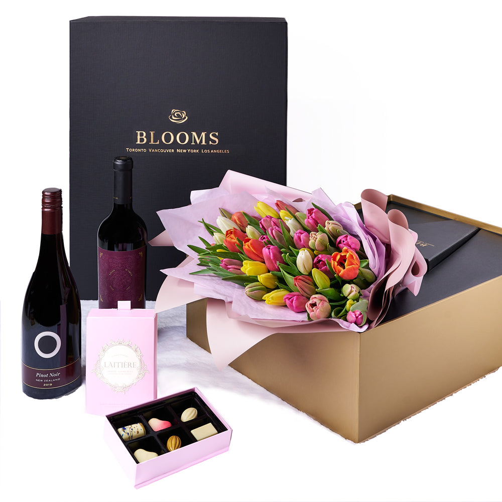 Resplendent Spring Tulip Gift Set, tulip gift baskets, gourmet gifts, gifts, tulips, wine gifts