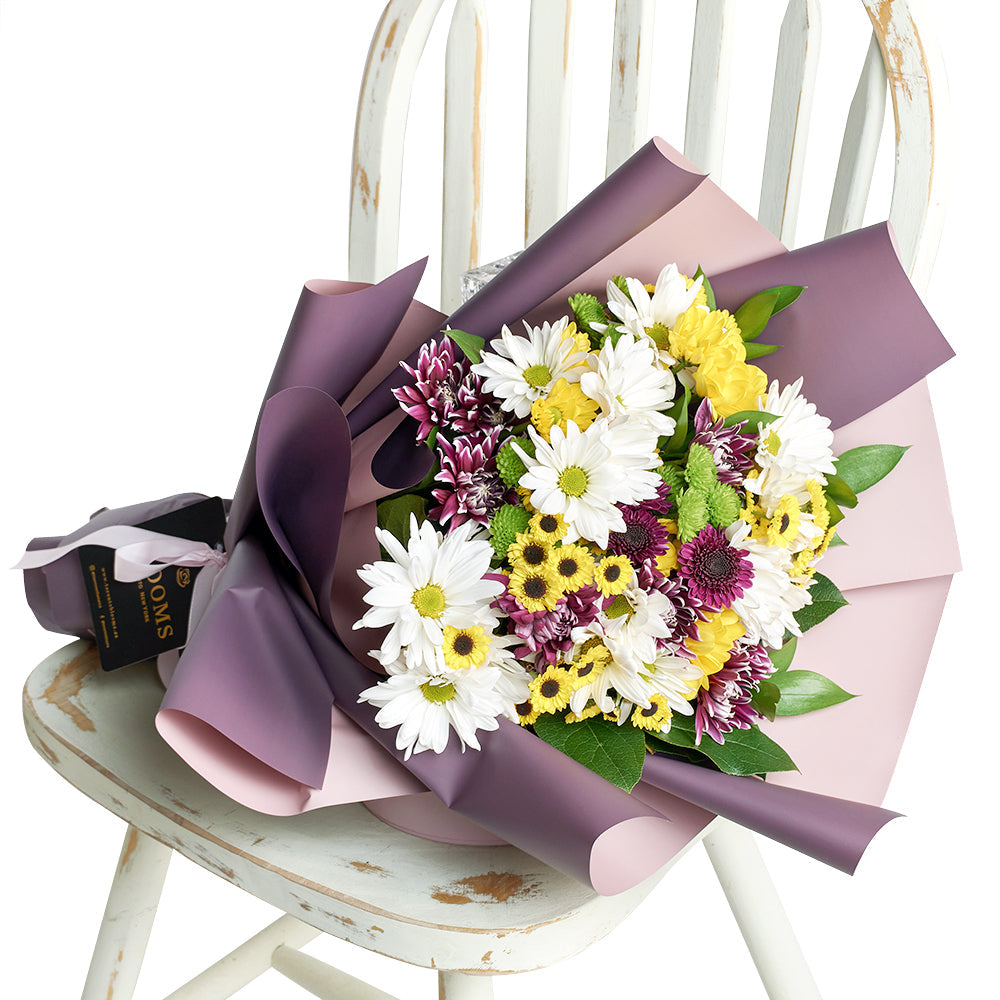 Mother's Day Wildflower Daisy Bouquet, mixed coloured selection of daisies in a floral wrap with a designer ribbon, Flower Gifts from Blooms New Jersey - Same Day New Jersey Delivery.
