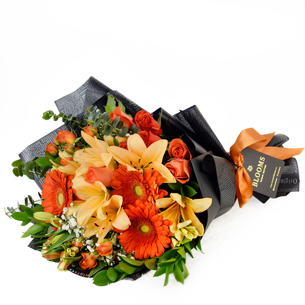 Mixed rose bouquet in red, yellow, and orange. Same Day New Jersey Delivery