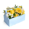 Blue Garden Box Arrangement, alstroemeria, gerbera, ruscus, daisies, roses, and baby’s breath in a pale blue wooden toolbox, Mixed Floral Gifts from Blooms New Jersey - Same Day New Jersey Delivery.