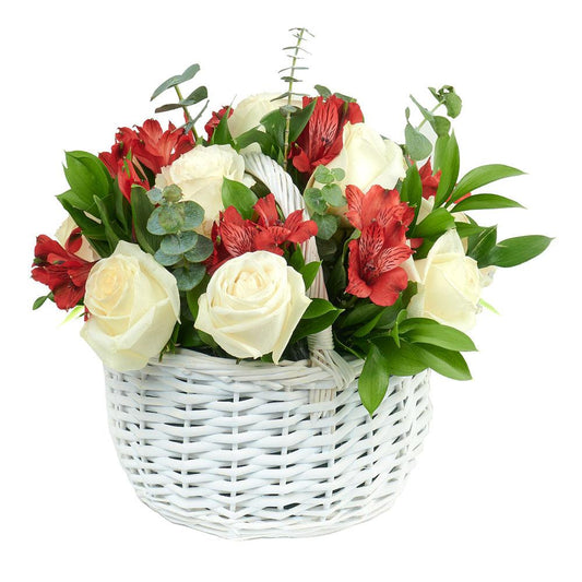 Bountiful Garden Basket For Mom, variety of white roses and red alstroemeria, meticulously arranged in a white basket, Mother's Day Gifts from Blooms New Jersey - Same Day New Jersey Delivery.