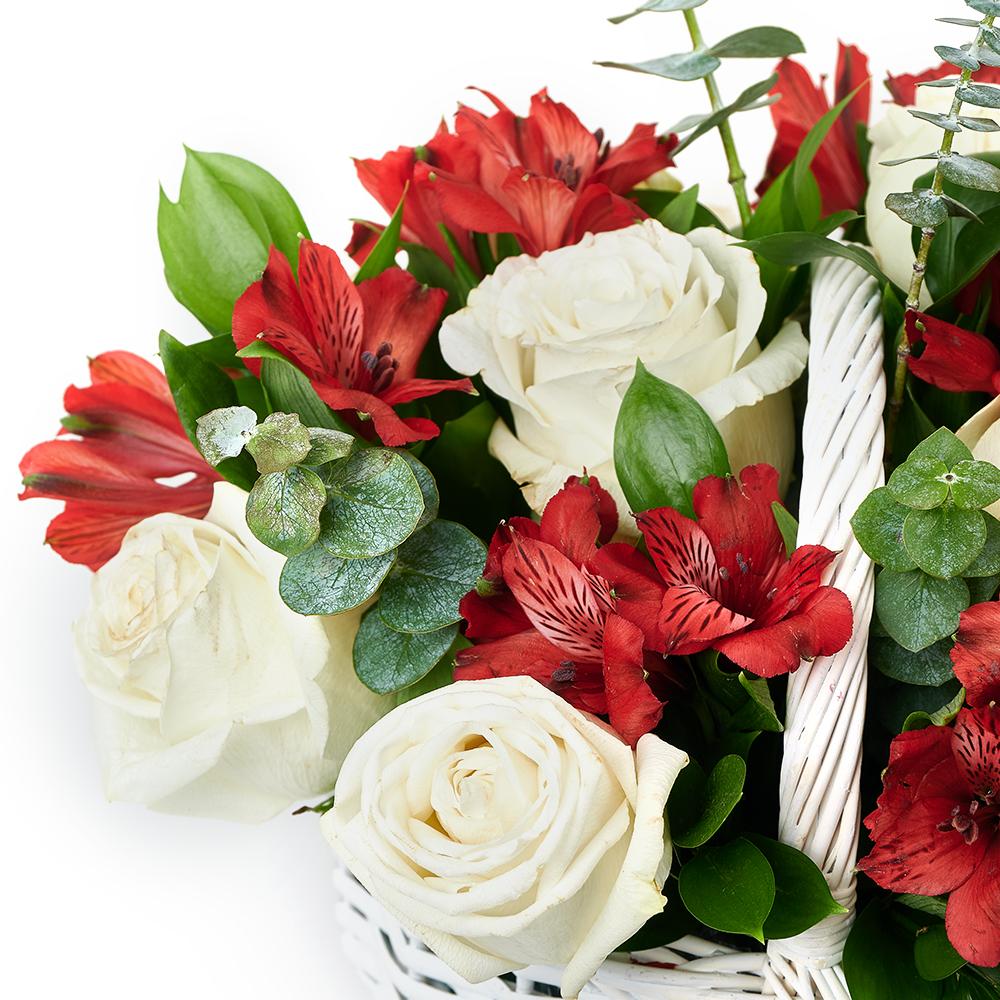 Bountiful Garden Basket For Mom, variety of white roses and red alstroemeria, meticulously arranged in a white basket, Mother's Day Gifts from Blooms New Jersey - Same Day New Jersey Delivery.