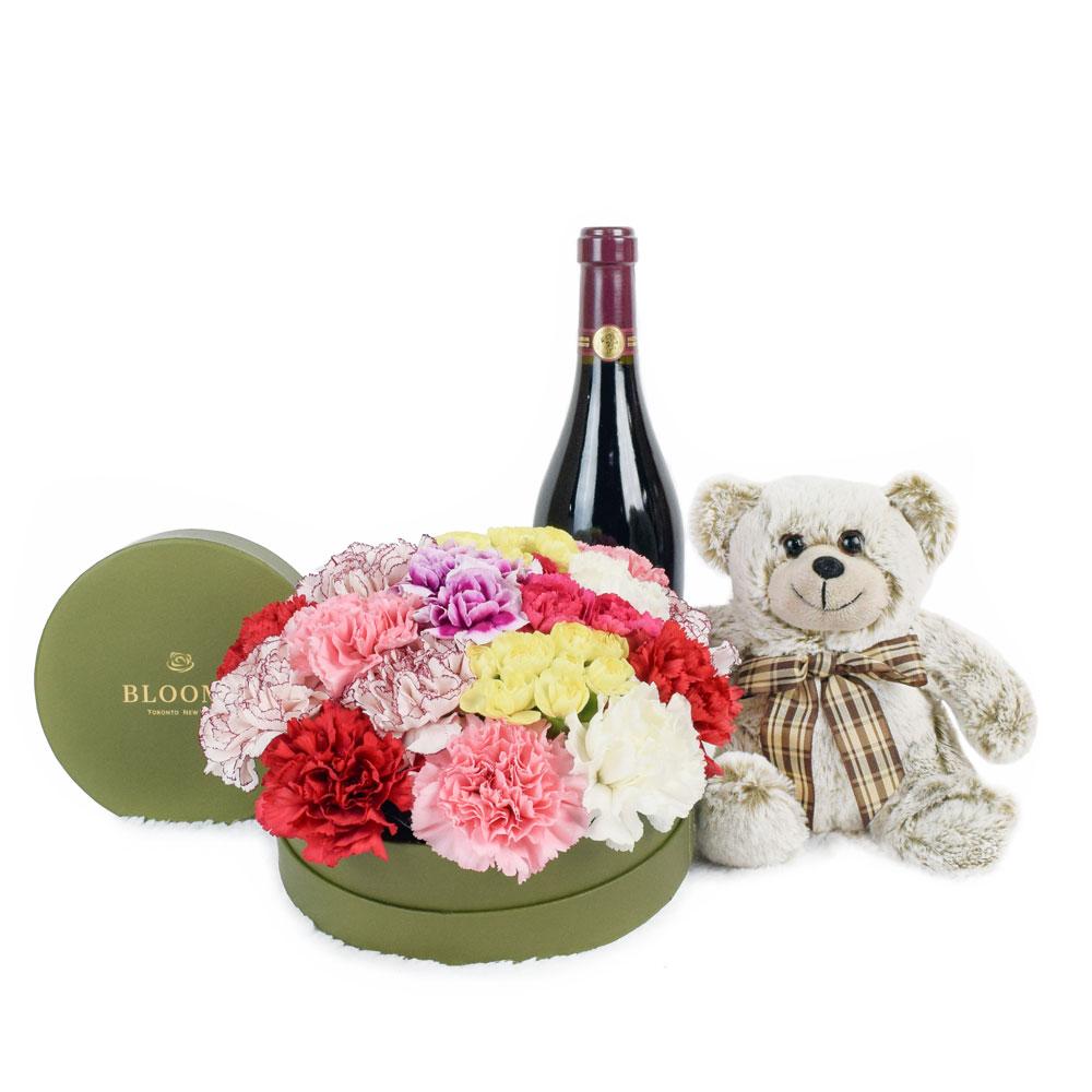 Celebration of Love Flowers & Wine Gift - Carnations in a hat box arrangement with plush, wine, and chocolates - New Jersey Blooms - New Jersey Flower Delivery