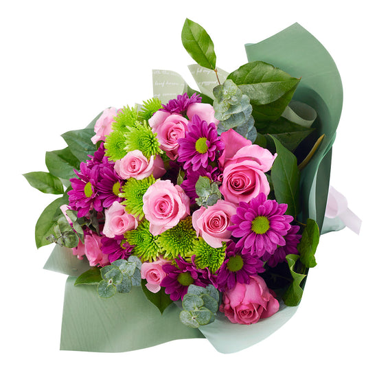 Mother's Day Secret Garden Mixed Floral Bouquet, roses, daisies, eucalyptus, and salal gathered in a floral wrap and tied with designer ribbon, Mixed Floral Gifts from Blooms New Jersey - Same Day New Jersey Delivery.