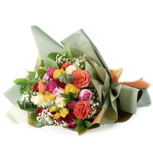 Daydream Fantasy Rose Bouquet, multicolored roses, spray roses with baby’s breath, eucalyptus, and ruscus, gathered in a floral wrap and tied with a designer ribbon, Mixed Flower Gifts from Blooms New Jersey - Same Day New Jersey Delivery.