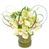 Delicate Pastel Orchid Floral Gift, cymbidium orchids, hypericum berries, green chrysanthemums, and lily grass in a round green hat box, Flower Gifts from Blooms New Jersey - Same Day New Jersey Delivery.
