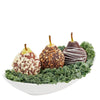 Double Chocolate Dipped Pears, 3 Double Dipped Chocolate Pears, in a Porcelain Boat Shape Bowl, Gourmet Gifts from Blooms New Jersey - Same Day New Jersey Delivery.