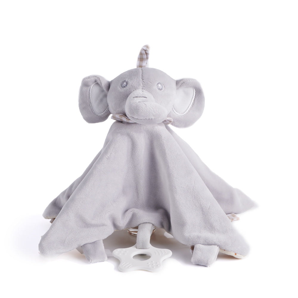 Grey Plush Elephant Blanket, plush elephant head and an attached plastic ring for teething, from Blooms New Jersey - Same Day New Jersey Delivery.