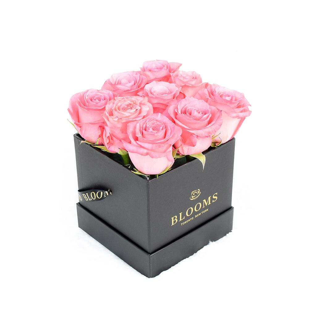 Impeccable Pink Rose Hat Box, pink roses in a square sleek black designer hat box, Flower Gifts from Blooms New Jersey - Same Day New Jersey Delivery.