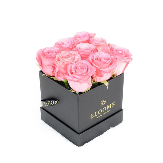 Impeccable Pink Rose Hat Box, pink roses in a square sleek black designer hat box, Flower Gifts from Blooms New Jersey - Same Day New Jersey Delivery.