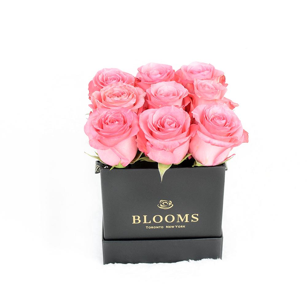 Impeccable Pink Rose Hat Box, pink roses in a square sleek black designer hat box, Flower Gifts from Blooms New Jersey - Same Day New Jersey Delivery.