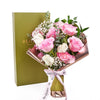 Mother's Day 12 Stem Pink & White Rose Bouquet with Box, 6 pink and 6 white roses in a floral wrap and tied with designer ribbon, cuddly bear plush toy, box of assorted chocolate truffles, and a designer flower box, Flower Gifts from Blooms New Jersey - Same Day New Jersey Delivery.