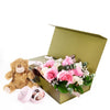 Mother's Day 12 Stem Pink & White Rose Bouquet with Box, Bear, & Chocolate, 6 pink and 6 white roses in a floral wrap and tied with designer ribbon, with charming bear keepsake, gourmet chocolates, Mother's Day Gifts from Blooms New Jersey - Same Day New Jersey Delivery.