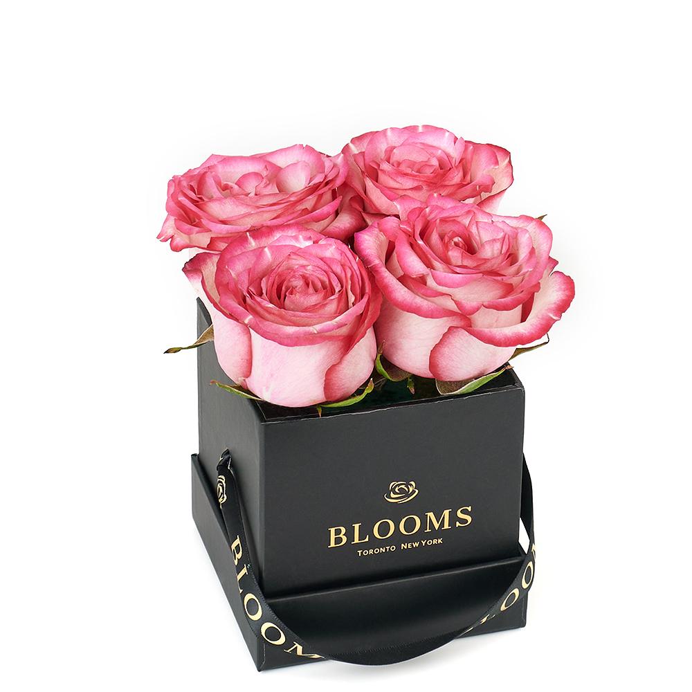Mother's Day Demure Pink Rose Gift, pink roses arranged in a square black designer hat box, Flower Gifts from Blooms New Jersey - Same Day New Jersey Delivery.