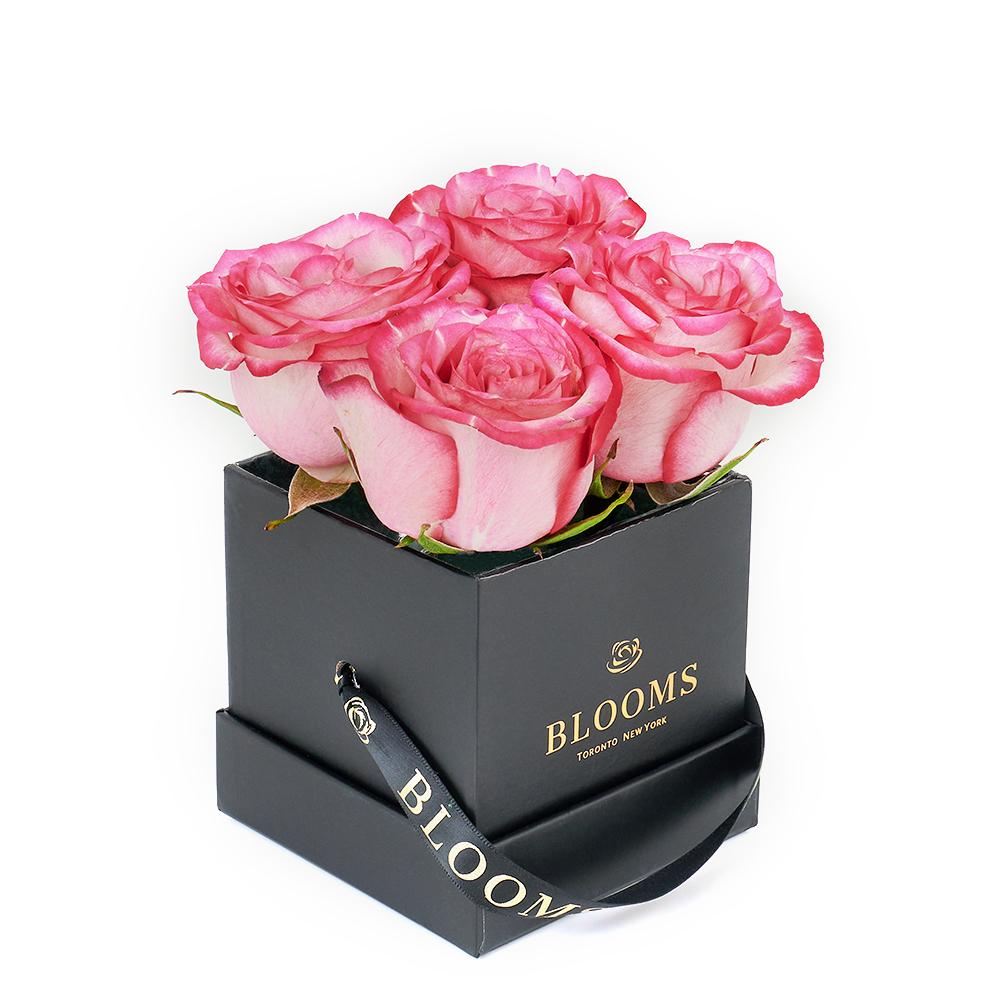 Mother's Day Demure Pink Rose Gift, pink roses arranged in a square black designer hat box, Flower Gifts from Blooms New Jersey - Same Day New Jersey Delivery.