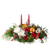 Candlelit Holiday Floral Arrangement, candles, roses, spider chrysanthemums, carnations, chrysanthemums, pine cones, alstroemeria, and greenery in a metal tin container, mixed floral gifts from Blooms New Jersey - Same Day New Jersey Delivery.