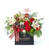 ‘Tis the Season Holiday Box Arrangement, lilies, roses, hydrangea, spider chrysanthemums, chrysanthemums, hypericum berries, mini carnations, large pine cones, Christmas decorations, ribbons, and greens all gathered into a square black designer box, mixed floral gifts from Blooms New Jersey - Same Day New Jersey Delivery.