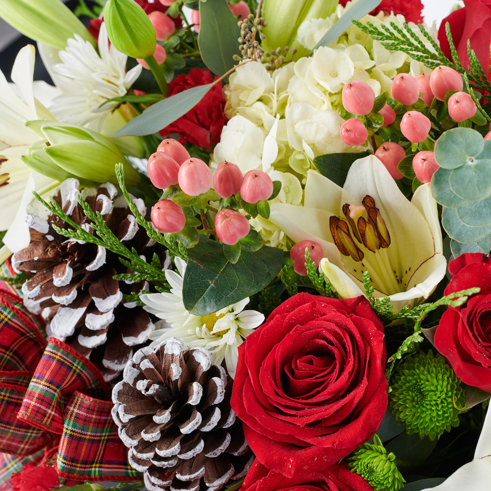 ‘Tis the Season Holiday Box Arrangement, lilies, roses, hydrangea, spider chrysanthemums, chrysanthemums, hypericum berries, mini carnations, large pine cones, Christmas decorations, ribbons, and greens all gathered into a square black designer box, mixed floral gifts from Blooms New Jersey - Same Day New Jersey Delivery.