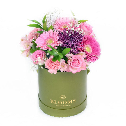 Perfect Pink Mixed Arrangement, gerbera, alstroemeria, salal, roses, carnations, and baby’s breath in a tall, round, green hat box, Flower Gifts from Blooms New Jersey - Same Day New Jersey Delivery.