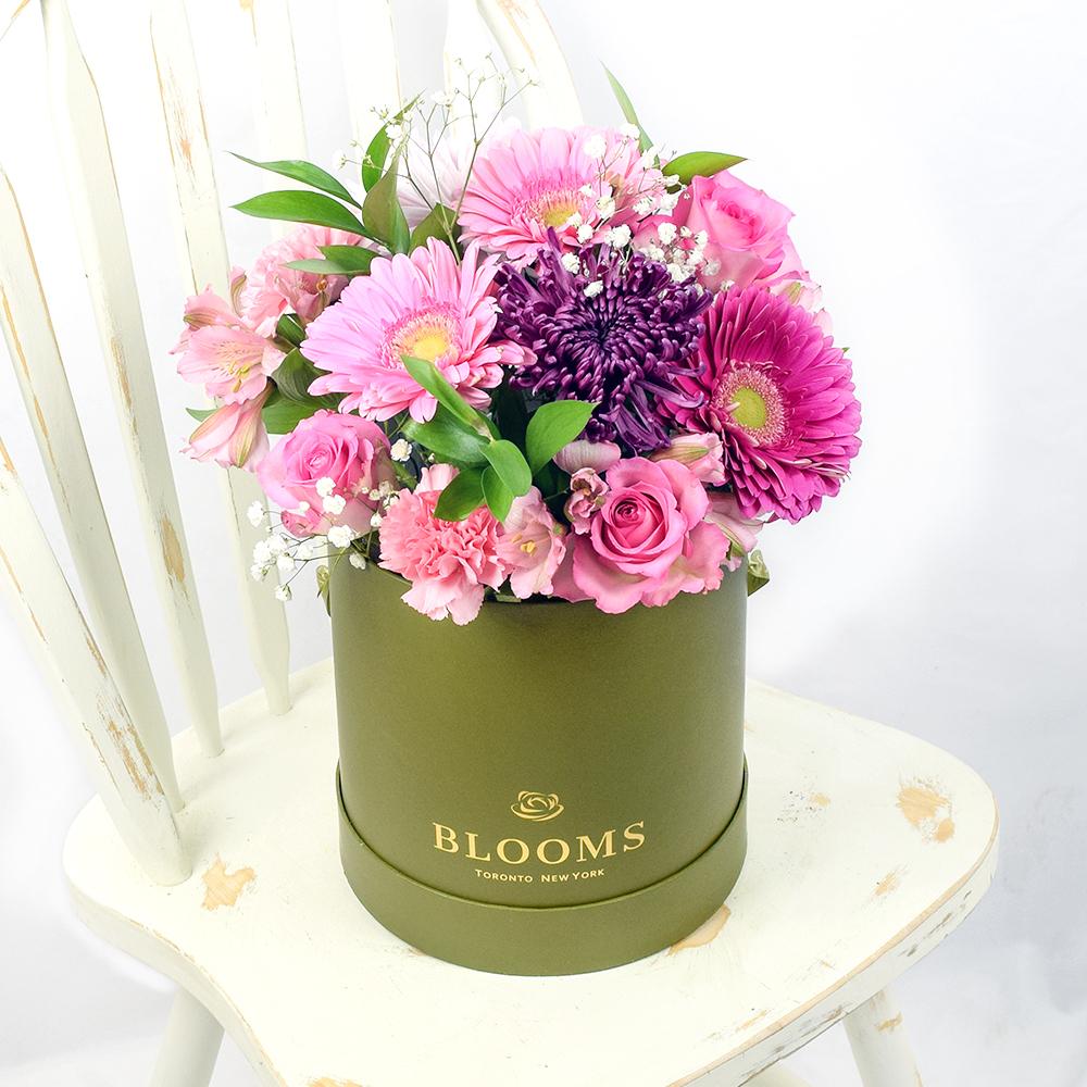 Perfect Pink Mixed Arrangement, gerbera, alstroemeria, salal, roses, carnations, and baby’s breath in a tall, round, green hat box, Flower Gifts from Blooms New Jersey - Same Day New Jersey Delivery.