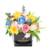 Rainbow Blossoms Mixed Arrangement, roses, carnations, tulips, alstroemeria and eucalyptus in a square black hat box, Mixed Floral Gifts from Blooms New Jersey - Same Day New Jersey Delivery.