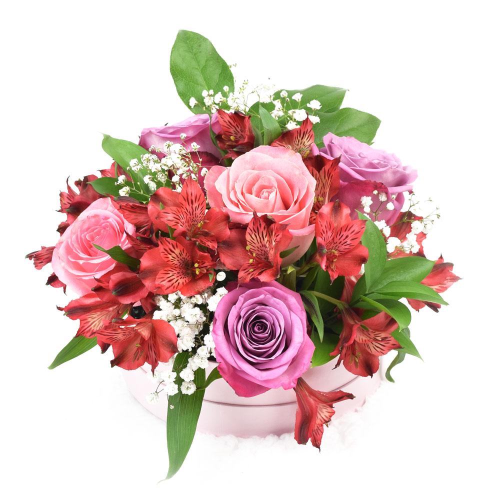 Soft Radiance Mixed Arrangement, red alstroemeria and a selection of pink and purple roses with ruscus and baby’s breath in a short pink designer hat box, Mixed Floral Gifts from Blooms New Jersey - Same Day New Jersey Delivery.