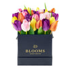 Spring Fling Tulip Arrangement, assortment of multicolored tulips presented in a square black designer hat box, Floral Gifts from Blooms New Jersey - Same Day New Jersey Delivery.