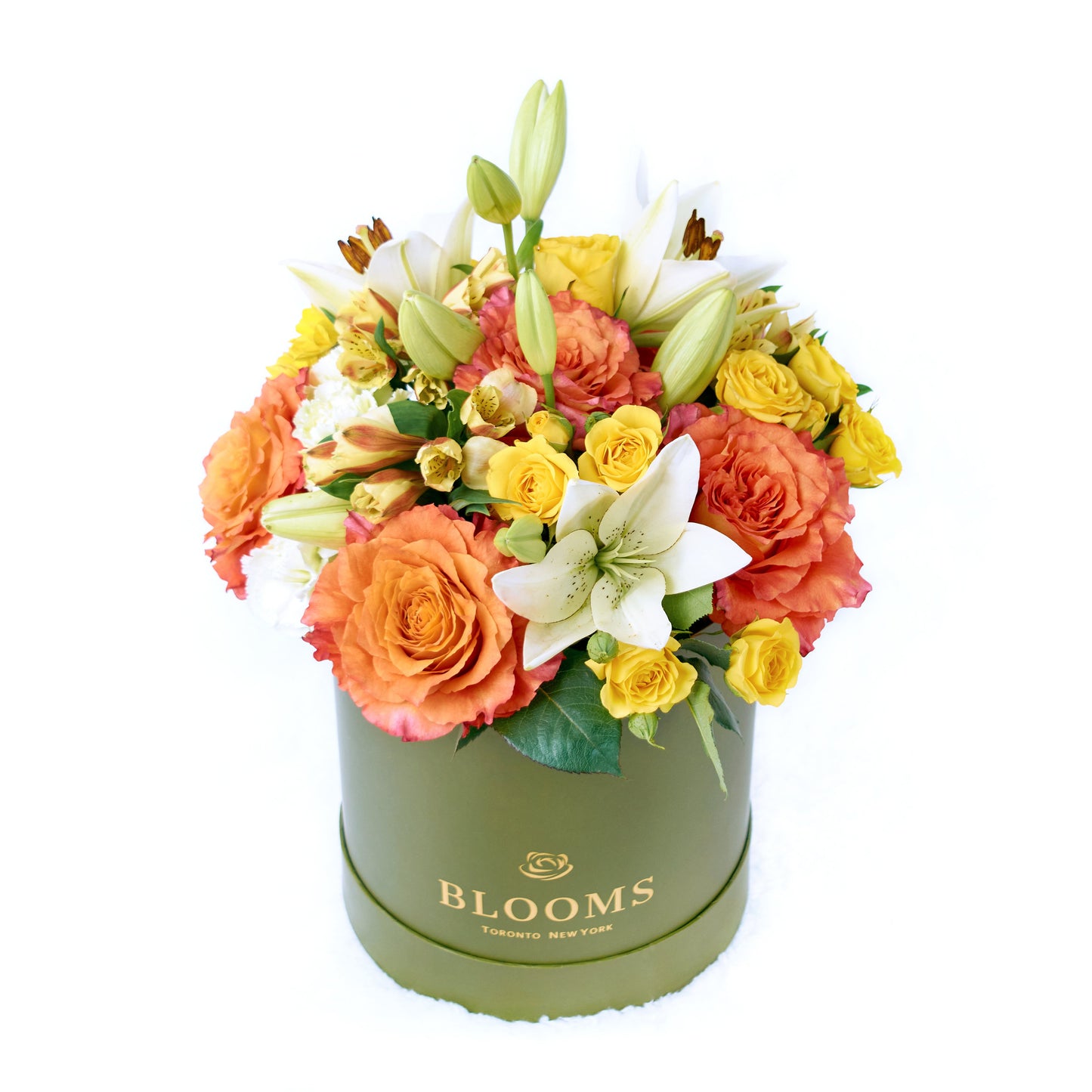 Summer Glow Mixed Arrangement, multi-hued roses, mini roses, lilies, alstroemeria, carnations and daisies in a tall sleek green designer hat box, Mixed Floral Gifts from Blooms New Jersey - Same Day New Jersey Delivery.